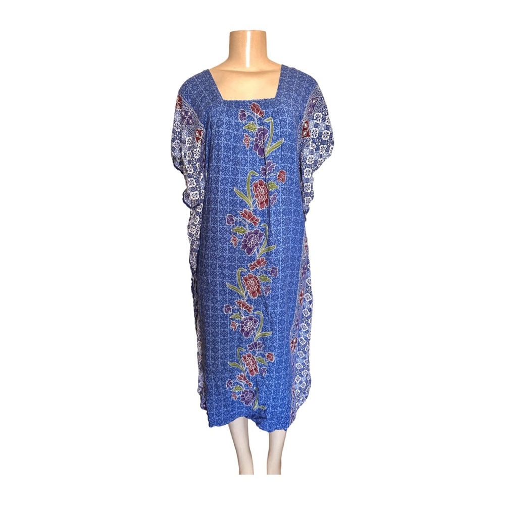 Batik Keris Indonesian Kaftan Dress O/S Vintage EUC Blue Floral